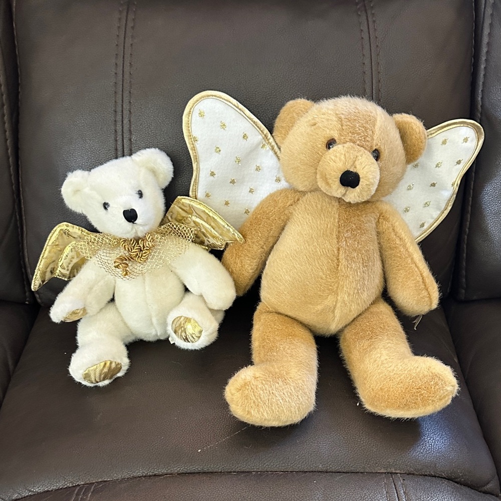 Plush Angel Teddy Bears Set - Gold and Cream Holiday Decor